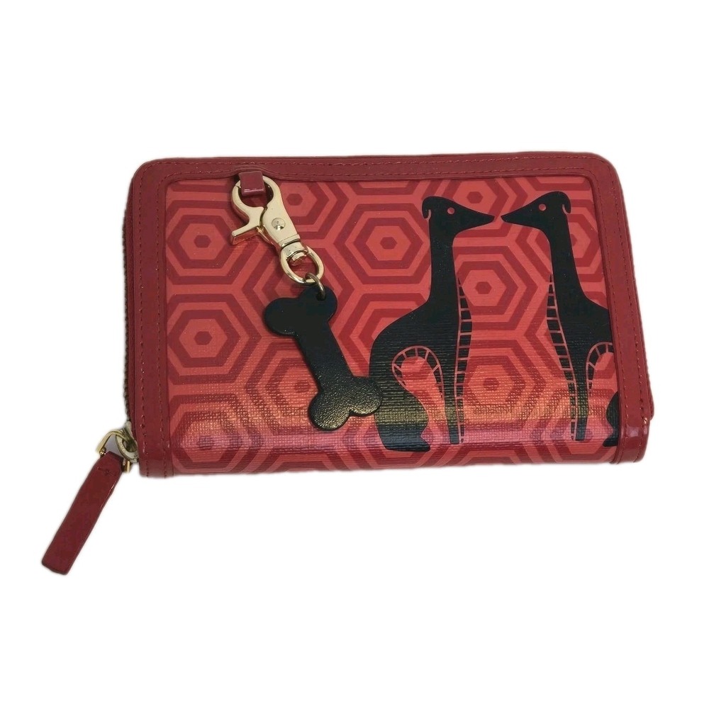 Jonathan Adler Red Geometric Print With Dogs Zip Around Continental Wallet Rare